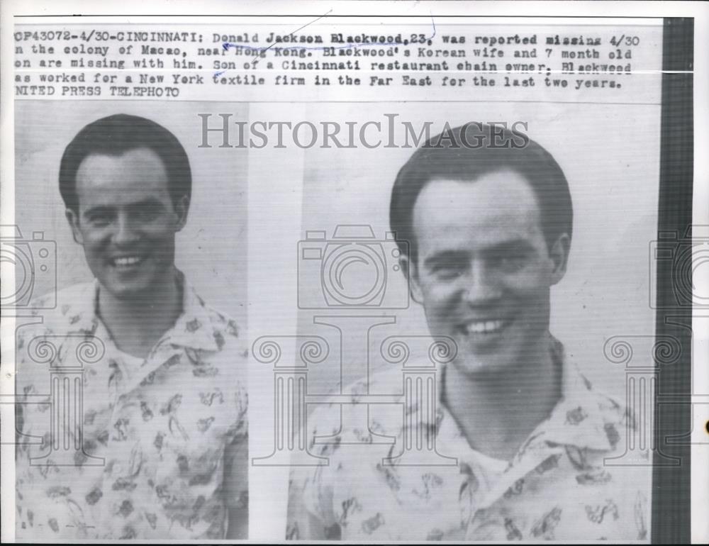 1957 Press Photo Dobald Jackson Blackwood was reported missing along with wife. - Historic Images