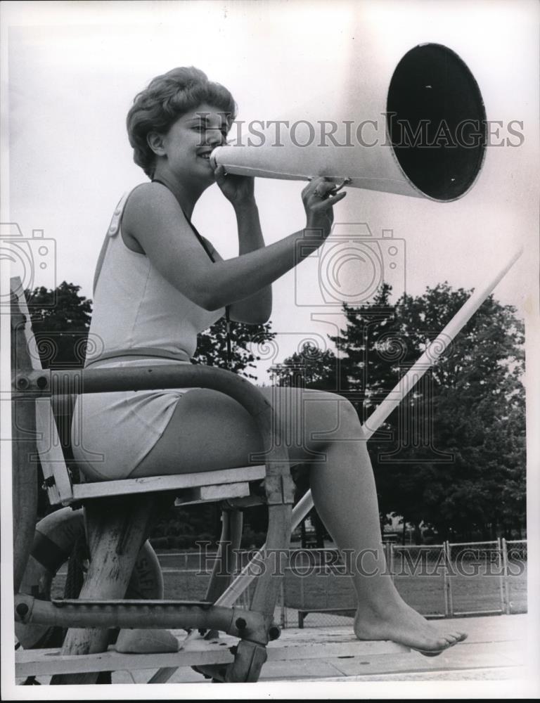 1966 Press Photo Karen Lynn Risnik, Lifeguard Using Megaphone - nec52589 - Historic Images