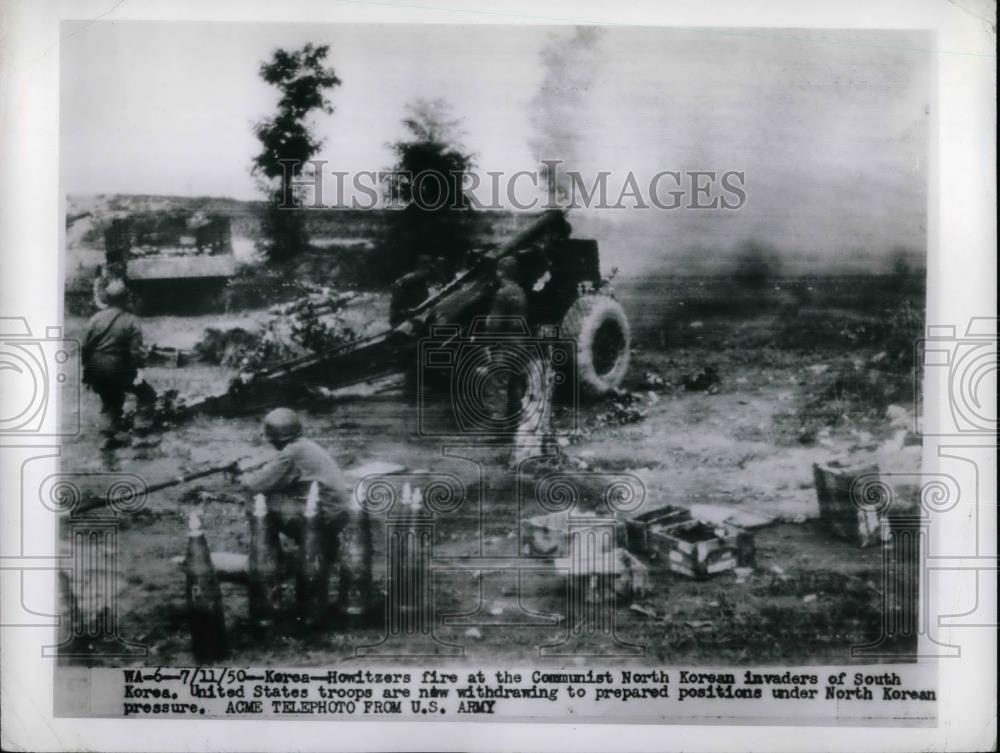 1950 Press Photo US troops &amp; howitzers in action in Korea - Historic Images