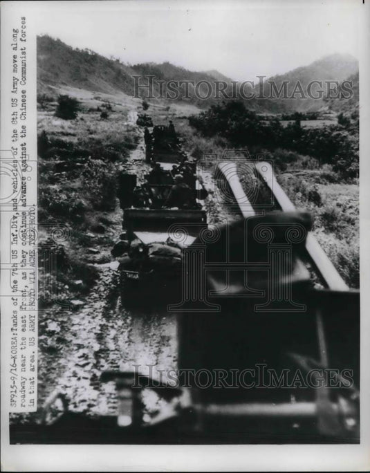 1951 Press Photo Tanks of the 7th US Inf. Div. & vehicles of the 8th US Army - Historic Images