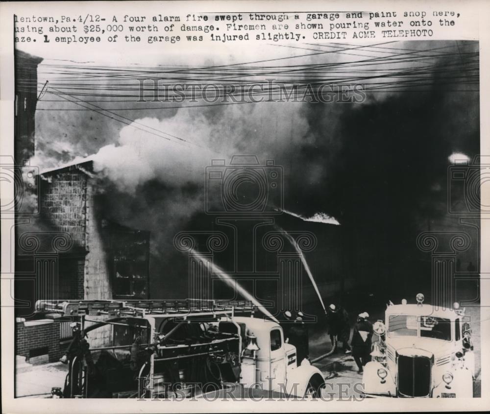 1951 Press Photo Four-Alarm Fire in Garage and Paint Shop - Historic Images