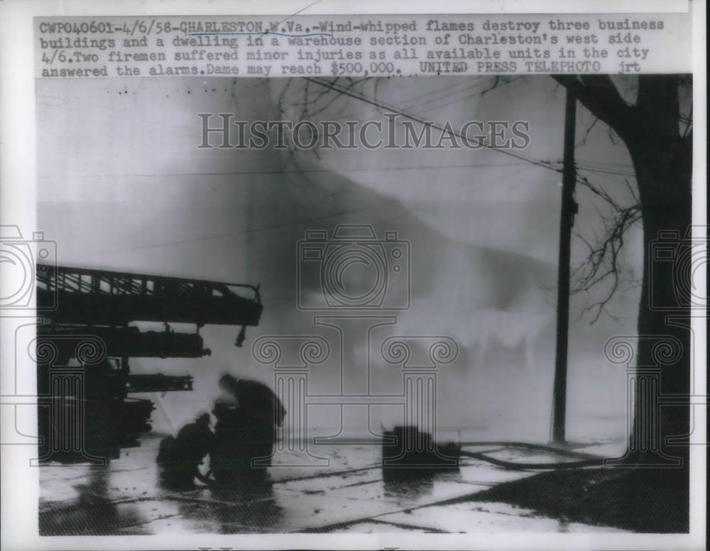 1958 Press Photo Flames Destroyed Three Business Buildings - Historic Images