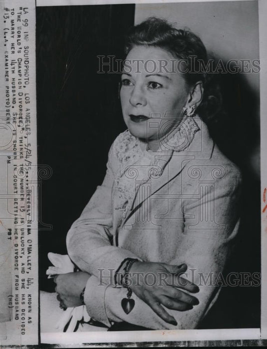 1955 Press Photo Beverly Nina O'Malley, "World's Champion Divorcee" - Historic Images