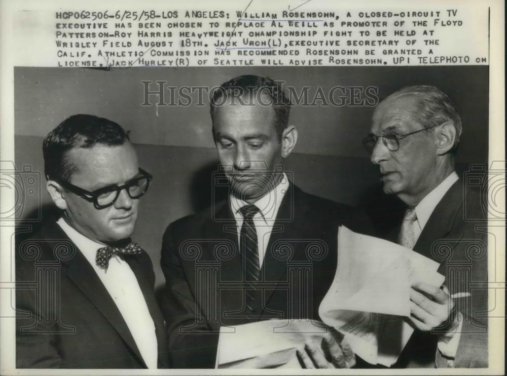 1958 Press Photo Will Rosensohn C will promote Floyd patterson fight Jack Urich - Historic Images