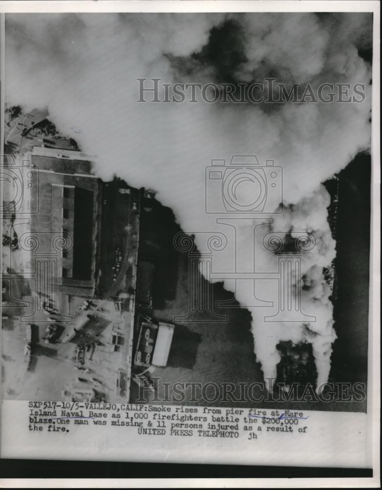 1953 Press Photo Smoke Rises from Pier Fire at Mare Island Naval Base in - Historic Images