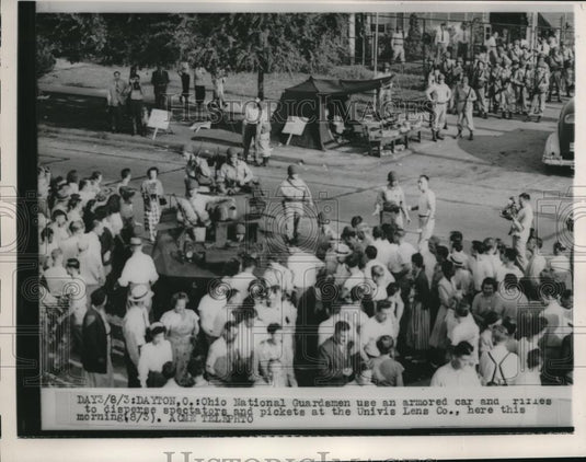 1948 Press Photo Ohio National Guard Use Armored Car & Rifles at Univis Lens Co. - Historic Images