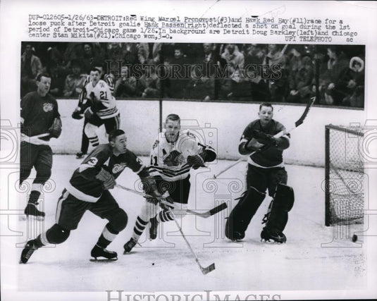 1963 Press Photo Red Wing MArcel Pronovost & Hawk Red Hay & goalie H Bassen - Historic Images
