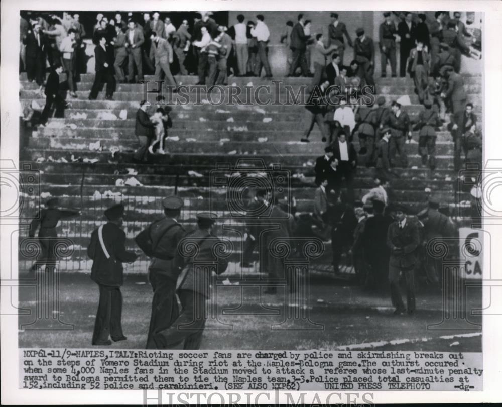1955 Press Photo Naples, Italy rioting soccer fans at Conero Stadium - nes18147 - Historic Images