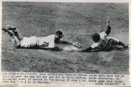 1949 Press Photo Cubs Peanuts Lowery out by Marty Marion of Cardinals - Historic Images