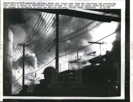 1957 Press Photo Whiting, Ind. smoke & flames from explosion at gas plant - Historic Images