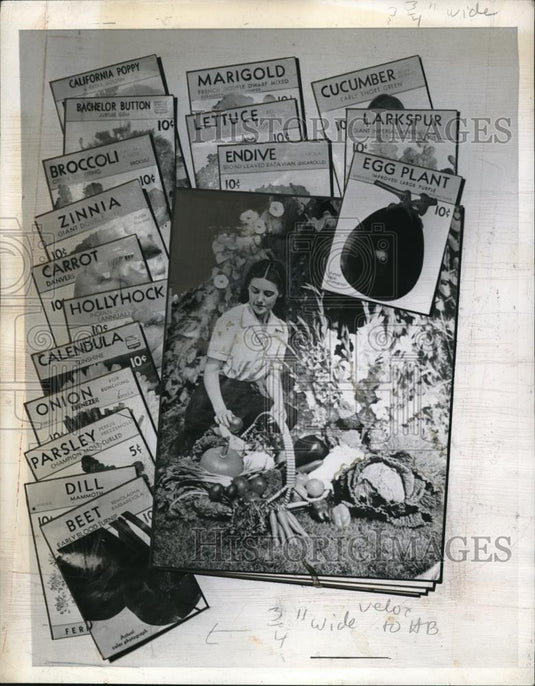 1945 Press Photo Packets of Garden Seeds Lettuce Onion Marigold Beet Egg Plant - Historic Images