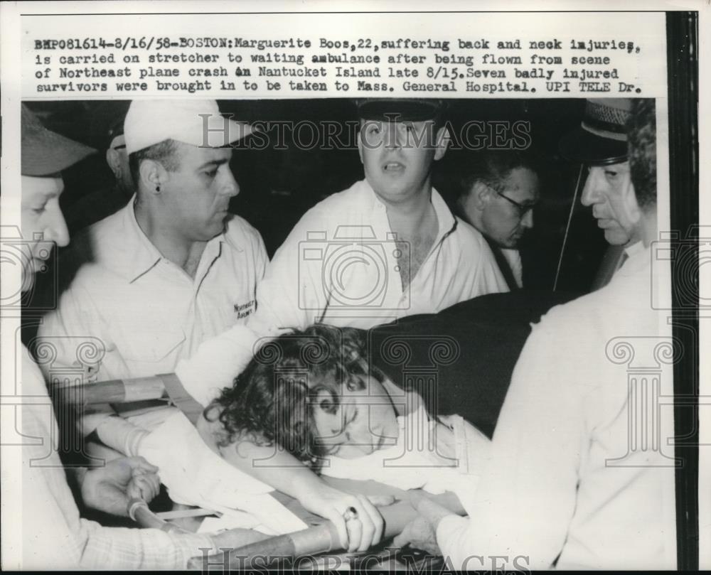 1958 Press Photo Marguerite Boos suffered back & neck injuries from plane crash - Historic Images