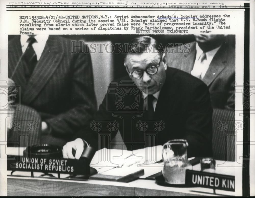 1958 Press Photo United Nations NY Soviet Amb Arkady Sobolev at Security Council - Historic Images