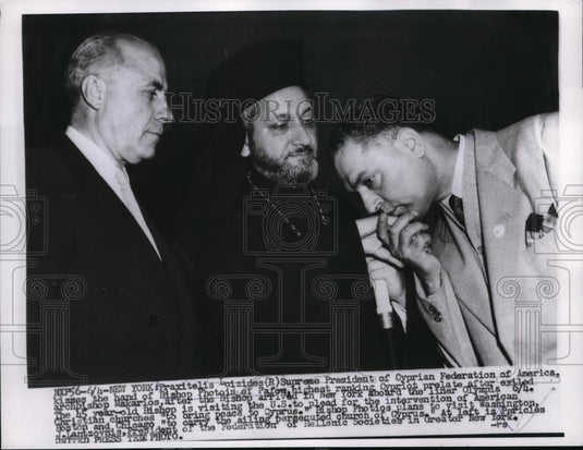 1956 Press Photo Praxitelis Loizides, Bishop Photois & Pericles Lantzovnis - Historic Images
