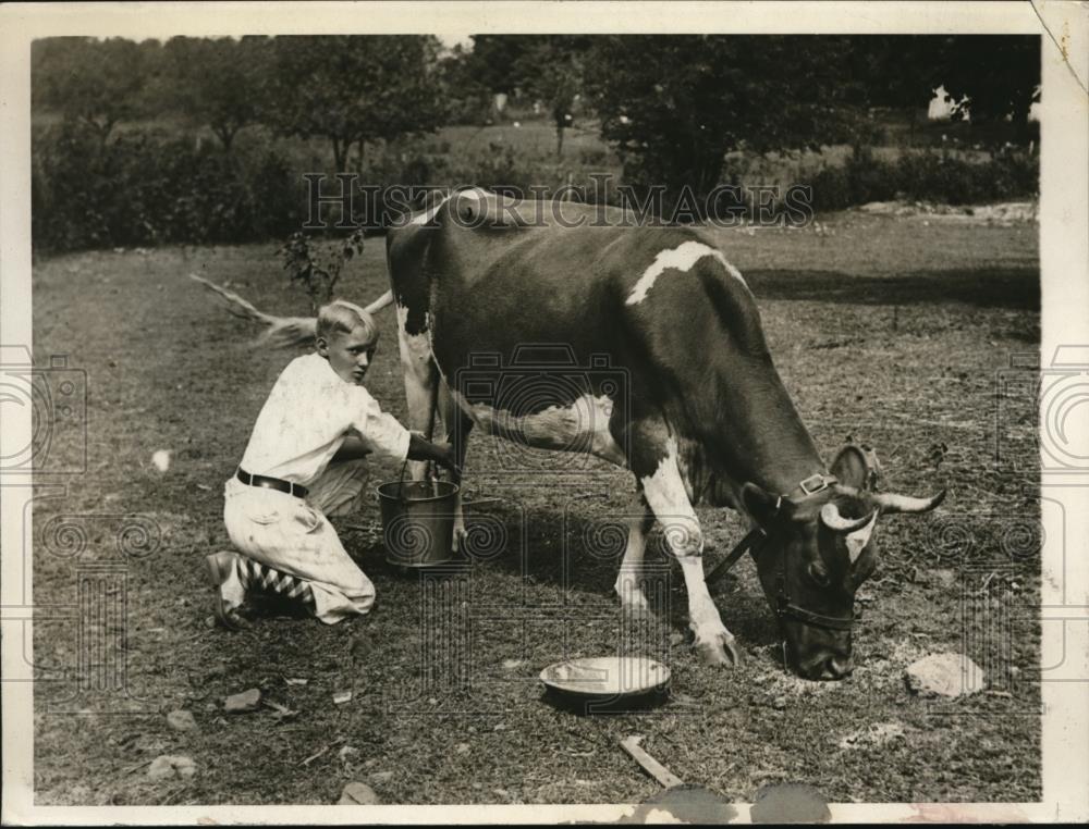 1930 Press Photo Eddie Johnson milks the family cow Dad Walter of Senators - Historic Images