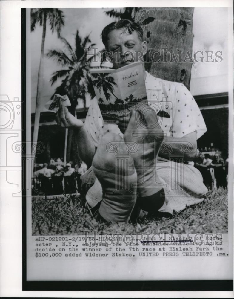 1955 Press Photo John P Stecher Deciding on Winner of 7th Race of Hialeah Park - Historic Images