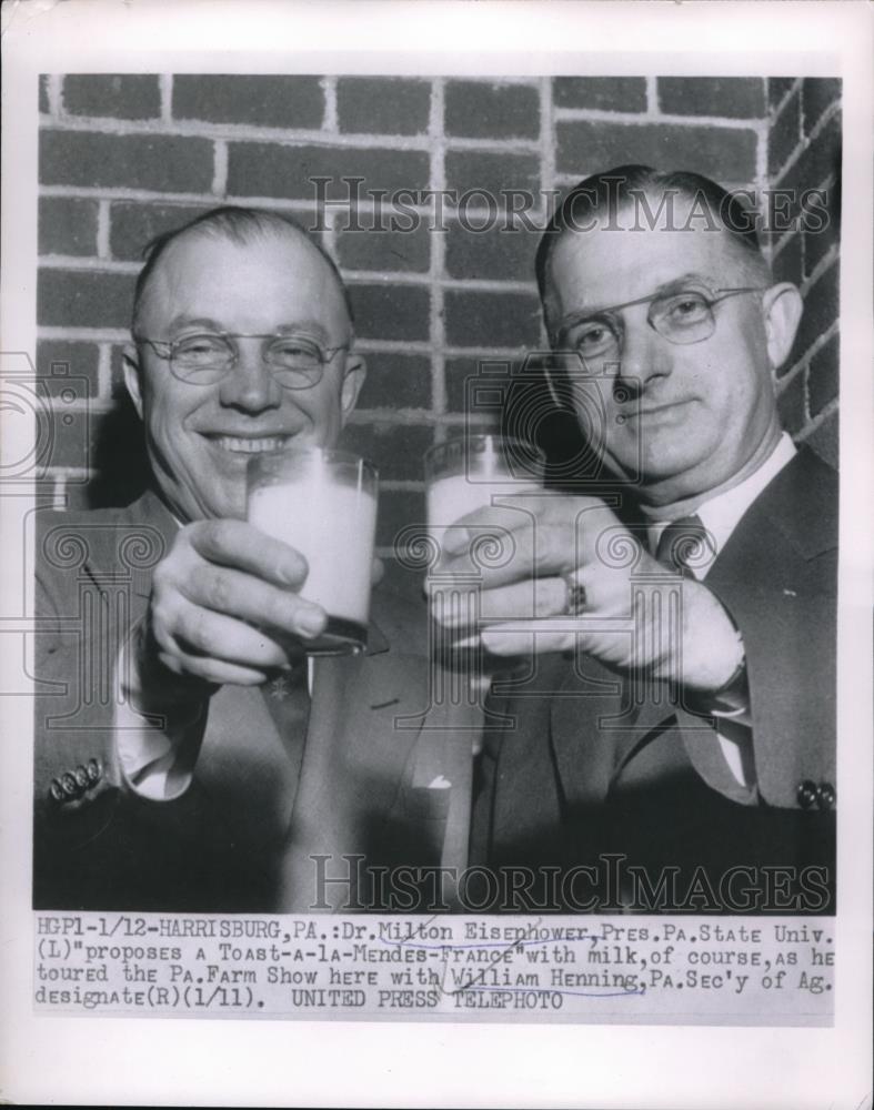 1955 Press PhotoHarrisburg Pa Dr Milton Eisenhower toasts with William Henning - Historic Images