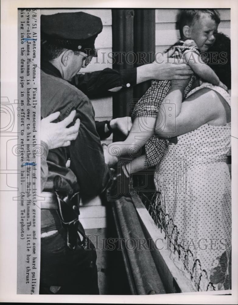 1951 Press Photo tot James Hinman freed from drain pipe, Allentown PA - Historic Images