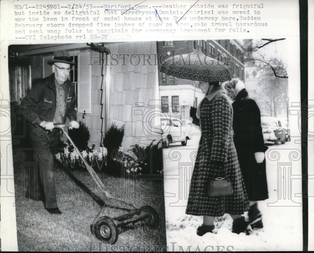 1959 Press Photo Hartford Conn Dominic Patrissi mows lawn hours later snows - Historic Images