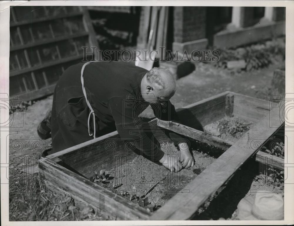 1937 Press Photo Franciscan Monastery monk plants a garden - Historic Images