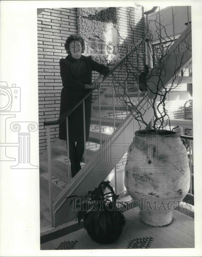 1990 Press Photo Marilyn Braentlinger Stands on Grand Staircase in Home - Historic Images