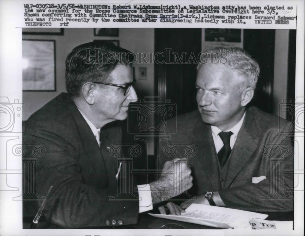 1958 Press Photo Robert W Lishman & Oren Harris US House Commerce Subcommittee - Historic Images