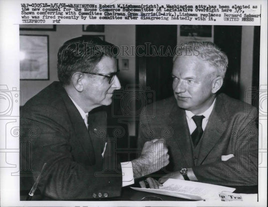 1958 Press Photo Robert W Lishman & Oren Harris US House Commerce Subcommittee - Historic Images