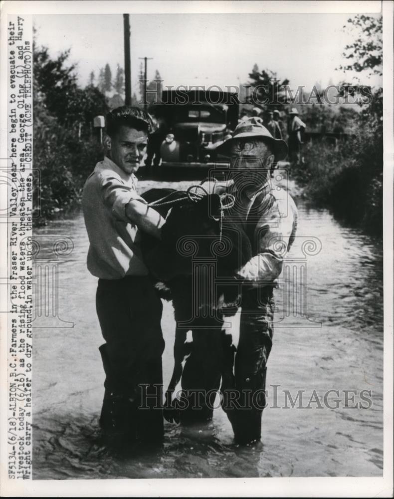 1950 Press Photo Fraser River Valley farmers evacuate due to rising flood water - Historic Images