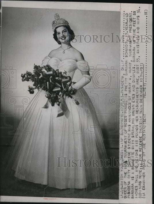 1951 Press Photo Pasadena Calif Barbara Schmidt Queen of Rose Parade - Historic Images