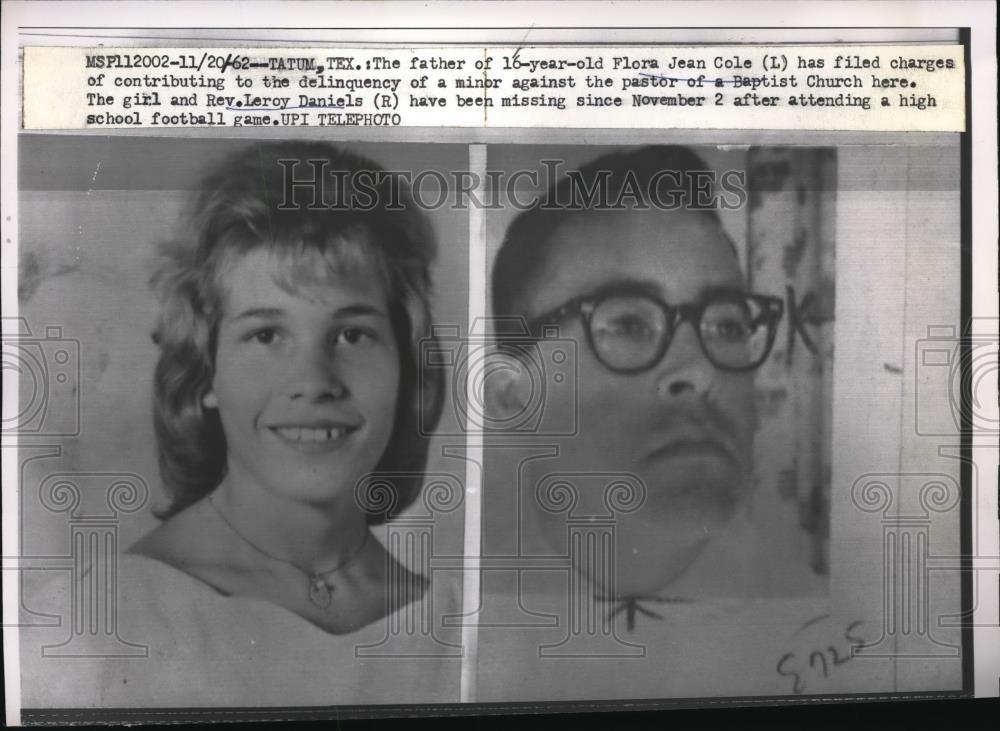 1962 Press Photo Flora Jean Cole, 16, and Rev. Leroy Daniels have been missing - Historic Images