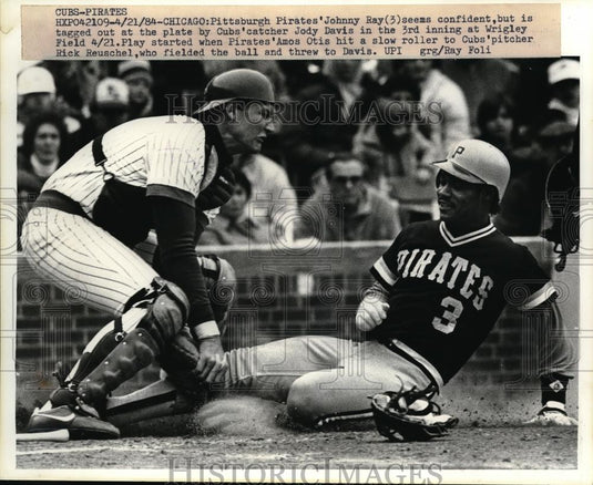 1984 Press Photo Chicago Pirate Johnny Ray out at home vs Cubs Jody Davis - Historic Images