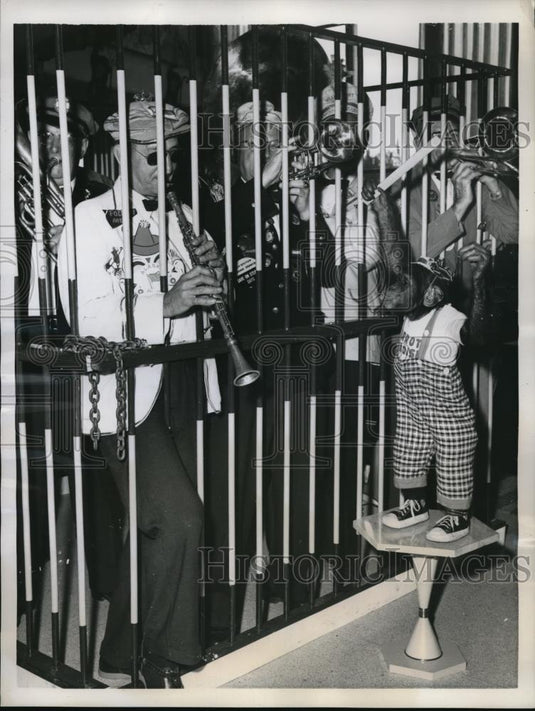 1959 Press Photo Miami Fla Jill the chimp & some musicians at DuPont Plaza hotel - Historic Images