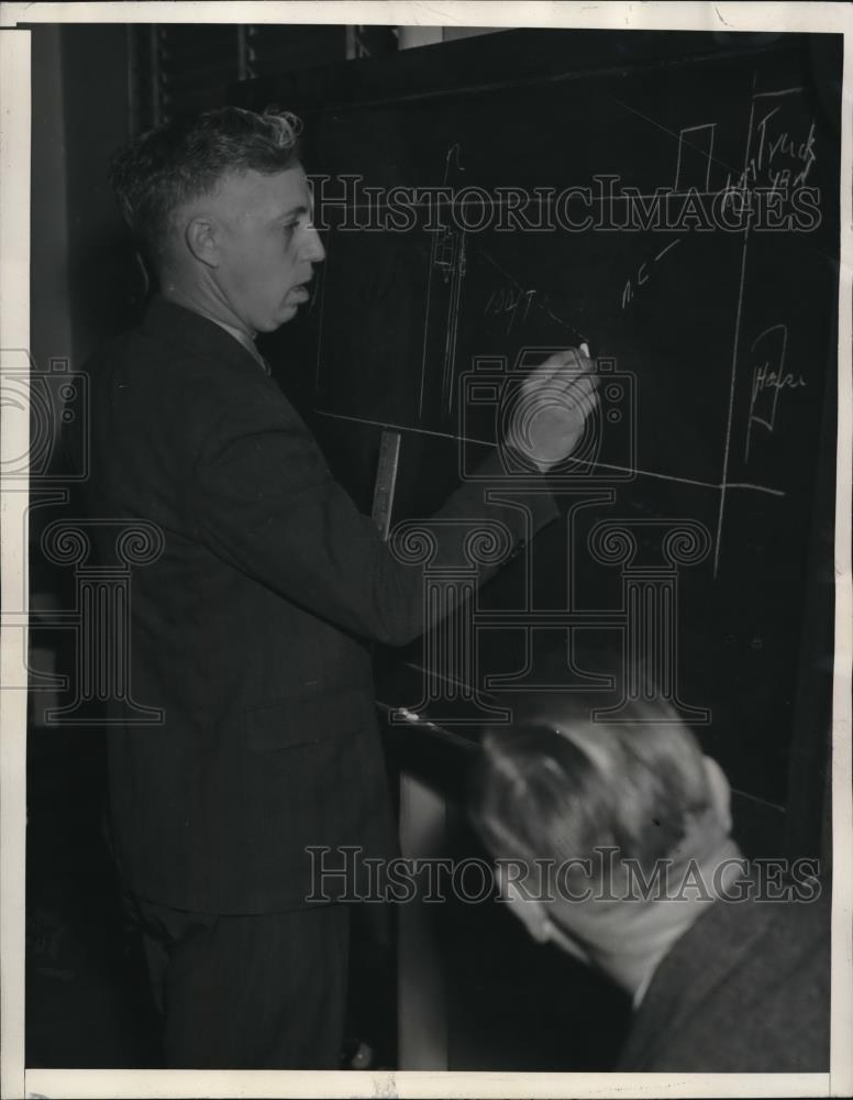 1940 Press Photo Marlin Petmecky showing jury how shooting tragedy occurred - Historic Images