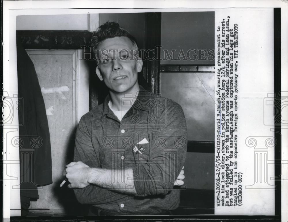 1958 Press Photo David B. Hough wearing grease paint to look older, after arrest - Historic Images