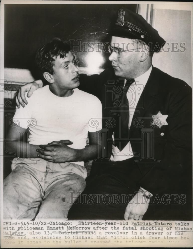 1947 Press Photo Patrick Notaro with policeman Emmet McMorrow after - Historic Images