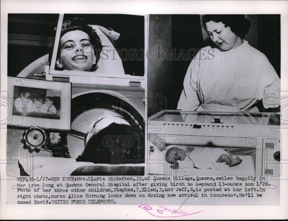 1953 Press Photo Mrs. Gloria Bickerton in Iron Lung Due to Polio. - Historic Images