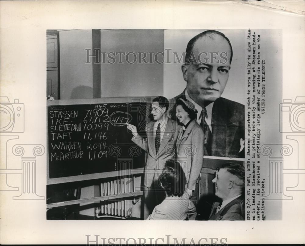 1952 Press Photo St Paul Minn Stassen supports pont to vate tally to show - Historic Images