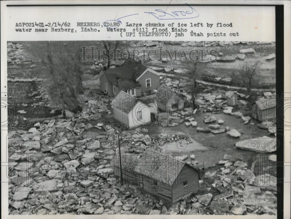 1962 Press Photo Rexburg Idaho ice chunks left by spring floodwaters - Historic Images