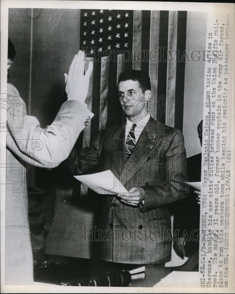 1948 Press Photo Mayor Benjamin Nelson, former bomber captain in the - Historic Images