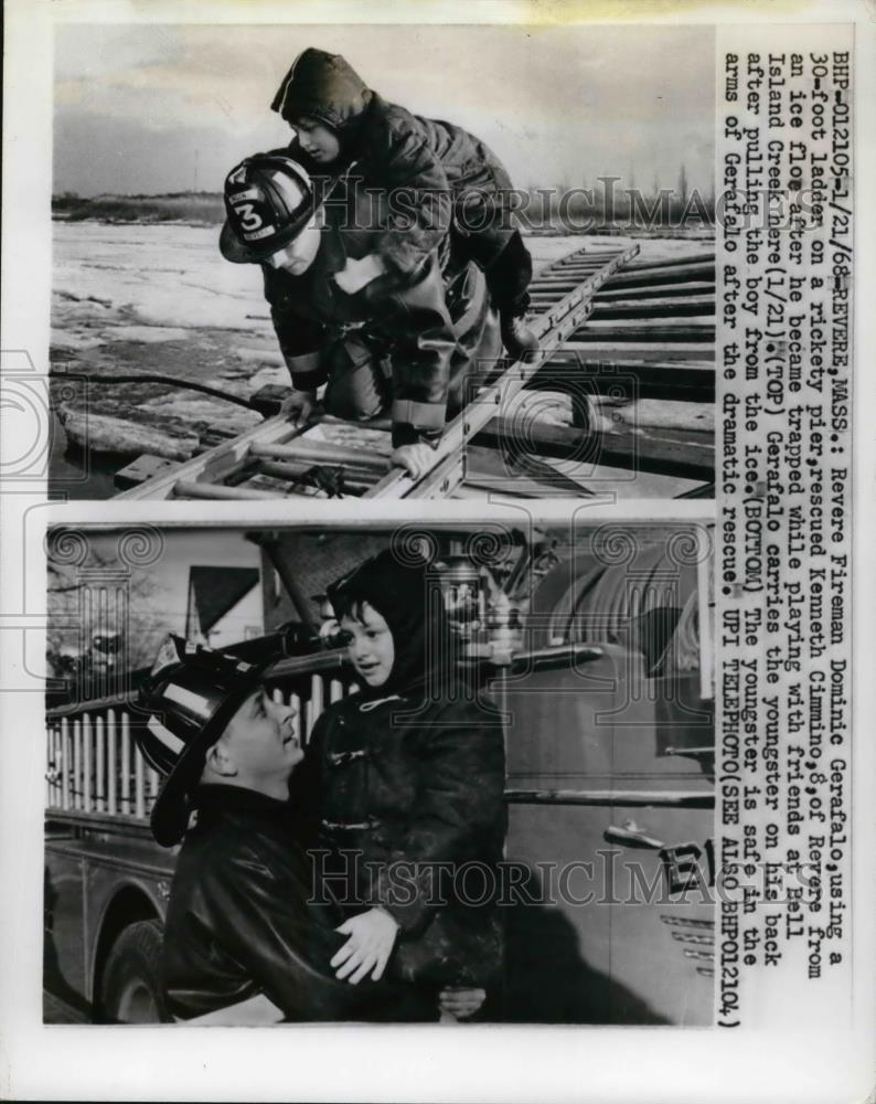 1968 Press Photo Revere Fireman Dominic Geralfo, using a 30-foot ladder on a - Historic Images