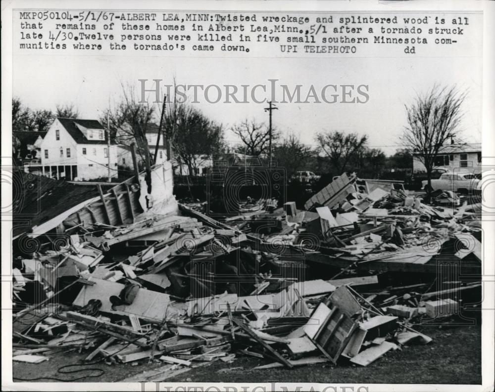 1967 Press Photo Homes wrecked after tornado hits Albert Lea, Minnesota - Historic Images