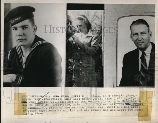 1948 Press Photo Victims of Plane Crash Ruth Swift, Jack Moats and Virgil Newman - Historic Images