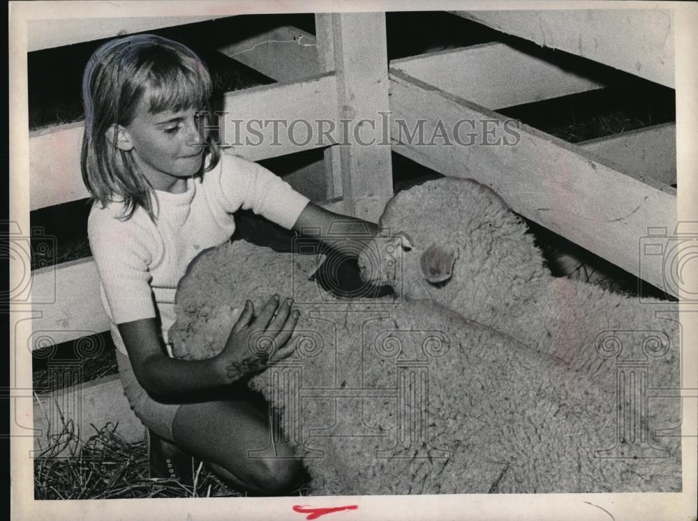 Press Photo Kim Neill, 9, with sheep at fairgrounds - Historic Images