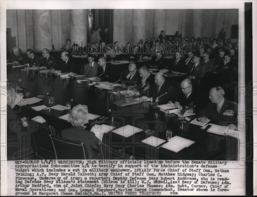 1955 Press Photo High Military officials lined up before Military subcommittee - Historic Images