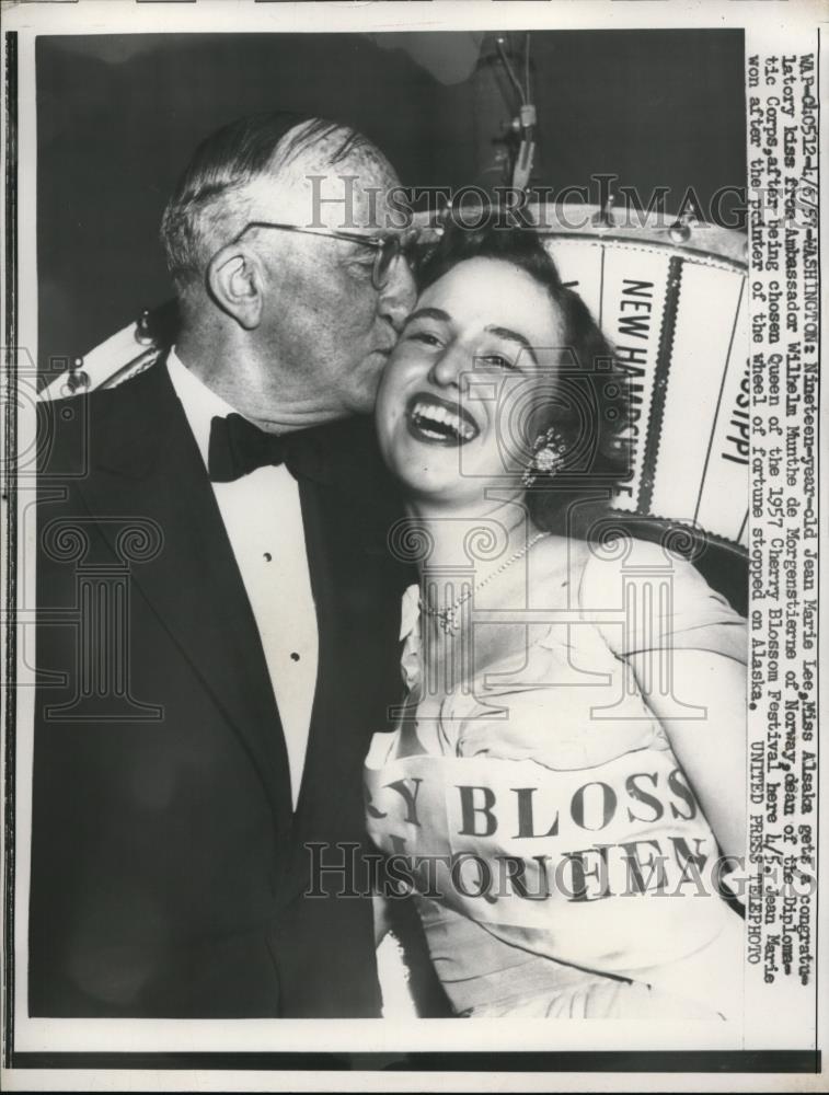 1957 Press Photo Miss Alaska, J.M. Lee, congratulated by W.M. de Morgenstierne - Historic Images