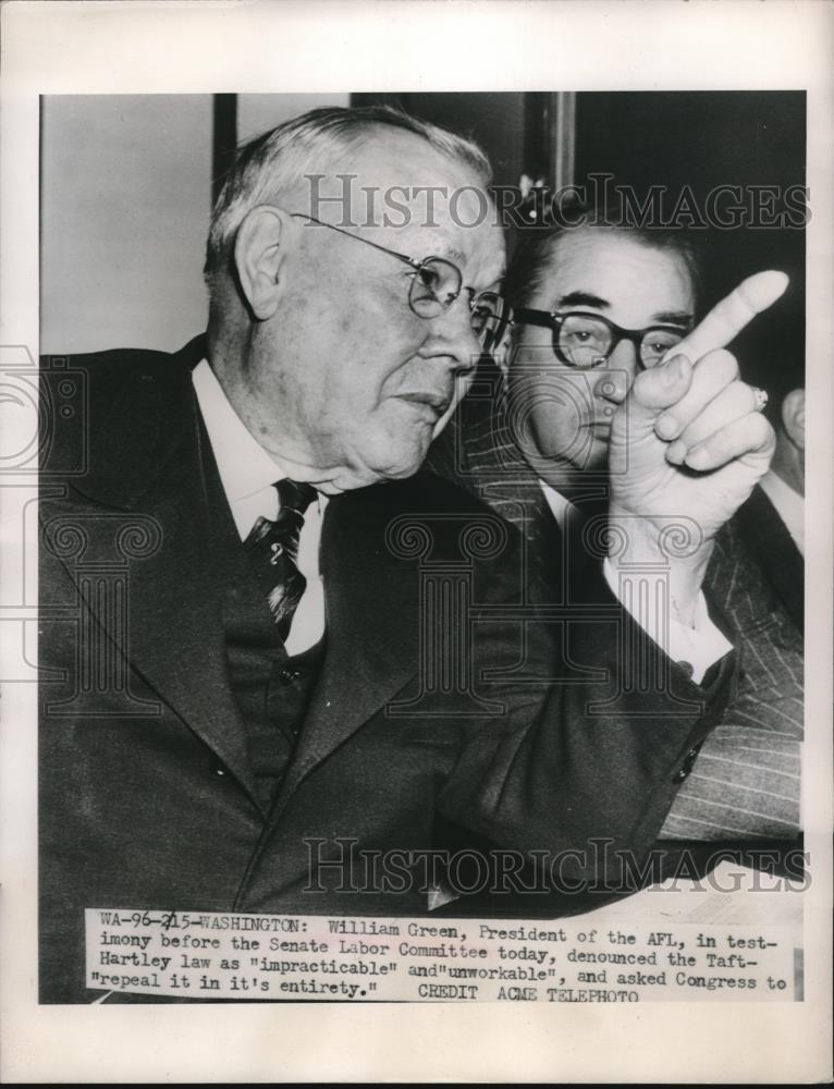 1949 Press Photo William Green Testifies Against The Taft Hartley Law - Historic Images