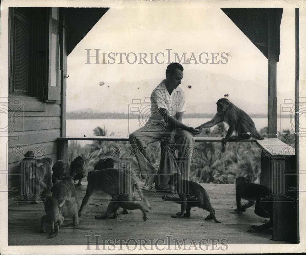 Press Photo Rafael Luis Neeva caretaker &amp; monkeys on Carribean island - Historic Images