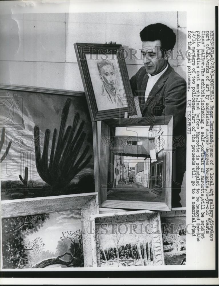 1963 Press Photo Roger Bertrand Displays Art By Slayer Georges Marcotte - Historic Images