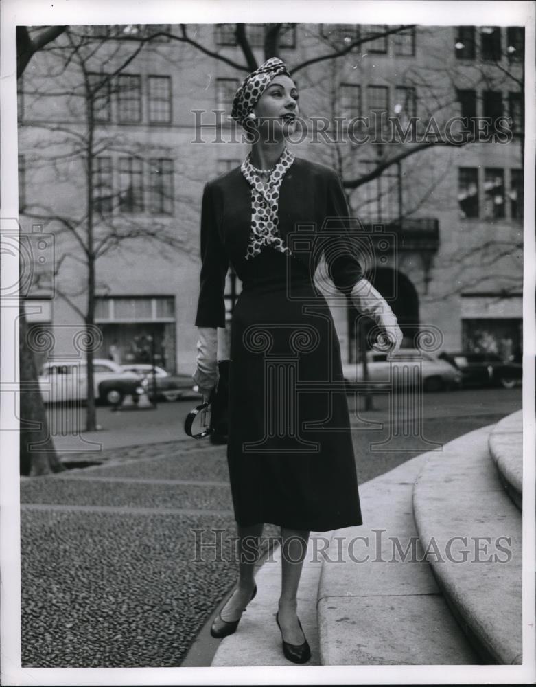 1955 Press Photo Raspberry Wool Three-Piece Bolero Costume For Spring Of 1956 - Historic Images