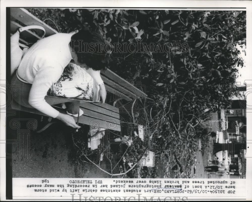 1962 Press Photo Art student sketches debris left by wind storm. - Historic Images